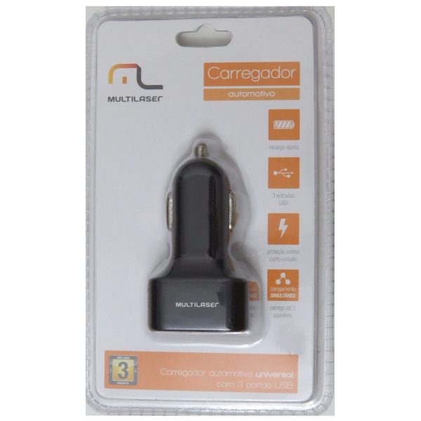 Carregador veicular rápido com 3 USB para uso simultâneo