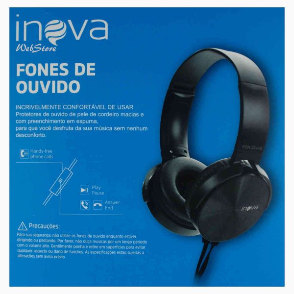 fone para celular dobrável inova fon-2244D preto, com microfone e atendimento de chamadas