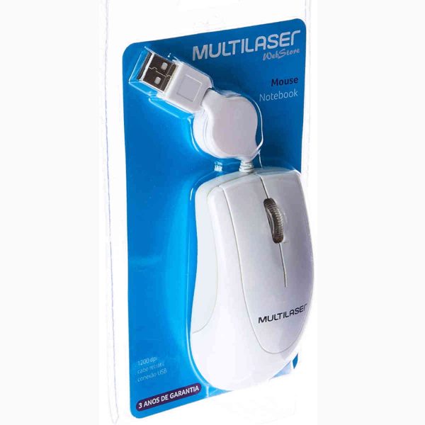 Mouse para notebook, usb com cabo retrátil, na cor branco e 1200 dpi