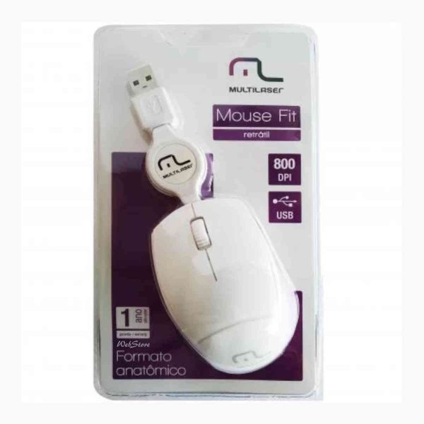 Mini mouse fit, anatômico, ergonômico, branco, cabo retrátil, USB