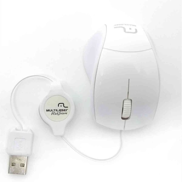 Mini mouse fit, anatômico, ergonômico, branco, cabo retrátil, USB