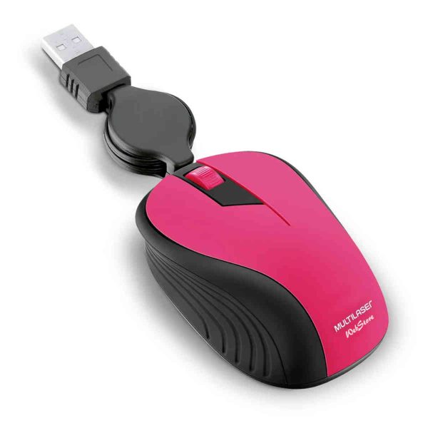 Mouse wave, USB com cabo retrátil, na cor pink com preto, cabo retrátil, 1200 dpi