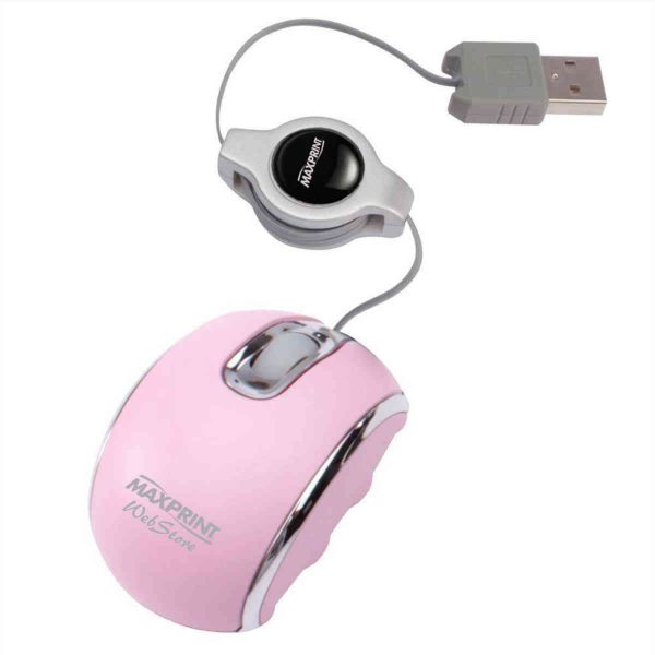 Mouse nano rosa e cromado, usb, cabo retrátil, minimalista e, delicado.