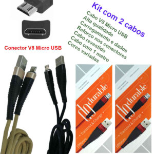 Cabo Micro USB V8 carregador e dados para celular – Kit de 2 cabos 1 metro