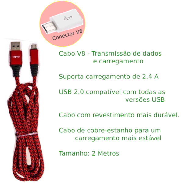 Cabo de dados e carregador para android conexão micro usb v8