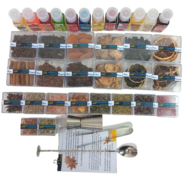 Kits gin London. Especiarias para gin. Kit gin composto por 22 especiarias, 12 xaropes e acessórios de bar. O melhor kit gin presente.