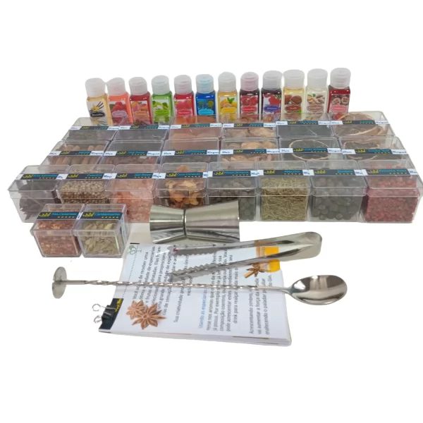 Kits gin London. Especiarias para gin. Kit gin composto por 22 especiarias, 12 xaropes e acessórios de bar. O melhor kit gin presente.
