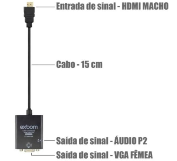 Cabo conversor e adaptador de HDMI para VGA com áudio