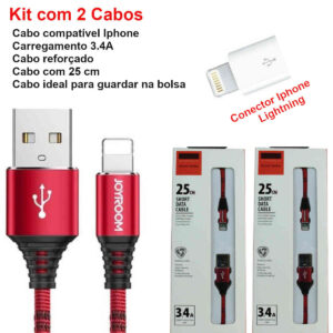 Cabo USB IPhone carregador e dados para celular – Kit com 2 cabos 25cm