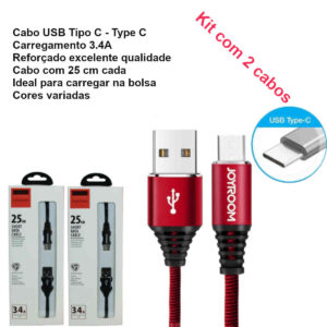 Cabo USB Tipo C – Type C – carregador e dados para celular – Kit com 2 cabos 25cm