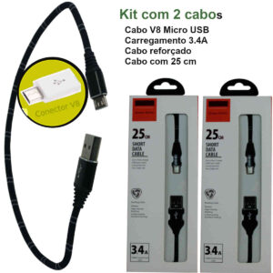 Cabo Micro USB V8 carregador e dados para celular – Kit com 2 cabos 25cm