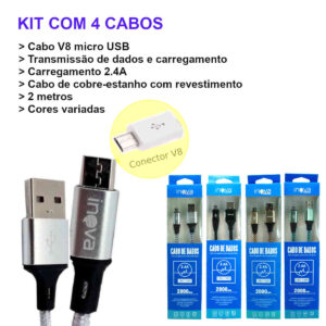 Cabo micro USB – V8 – carregador e dados para celular – Kit com 4 cabos 2 metros