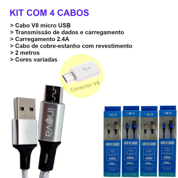 Cabo de dados e carregador para android conexão micro usb v8