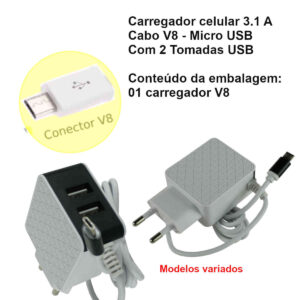Carregador de celular Inteligente 3.1A com 2 USB