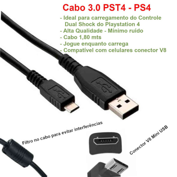 Cabo V8 para ligar o controle do PS4 no console ou outros equipamentos que usam porta micro usb