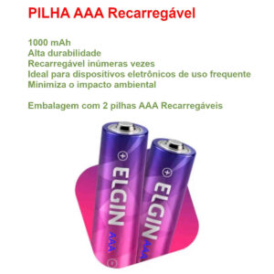 Pilha AAA Recarregável Elgin – Kit com 2 pilhas