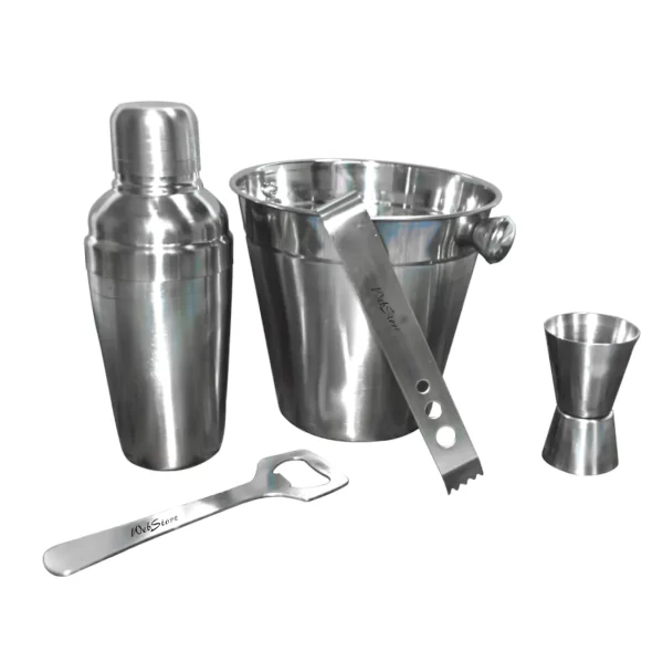 coqueteleira kit de bar premium com 6 peças - balde de gelo - dosador para drinks - pegador de gelo - abridor de garrafas - organizador