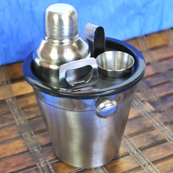 coqueteleira kit de bar premium com 6 peças - balde de gelo - dosador para drinks - pegador de gelo - abridor de garrafas - organizador