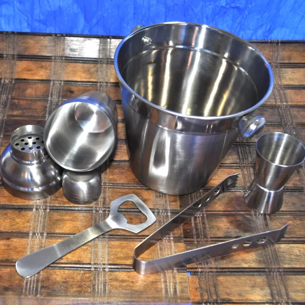 coqueteleira kit de bar premium com 6 peças - balde de gelo - dosador para drinks - pegador de gelo - abridor de garrafas - organizador