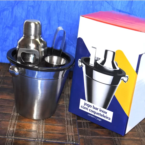 coqueteleira kit de bar premium com 6 peças - balde de gelo - dosador para drinks - pegador de gelo - abridor de garrafas - organizador