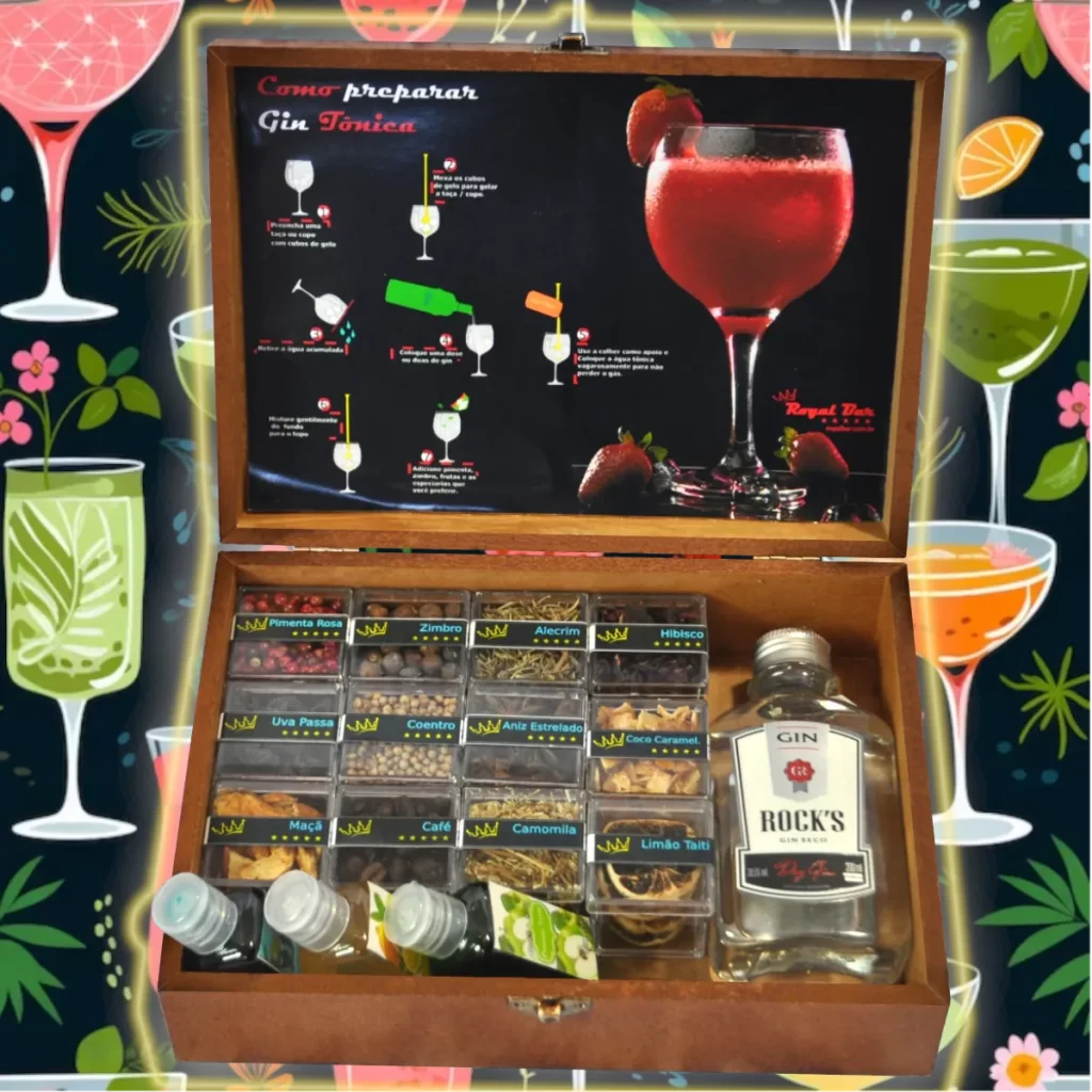 12 especiarias para gin, 3 xaropes para drinks e mini gin rocks