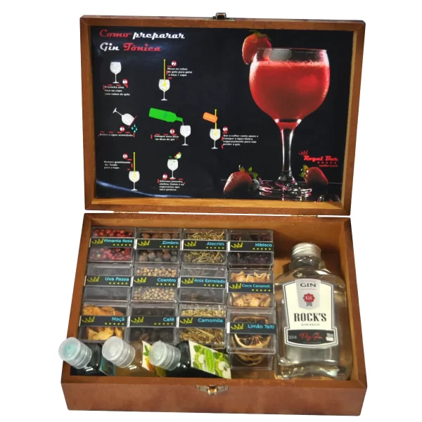 12 especiarias para gin, 3 xaropes para drinks e mini gin rocks