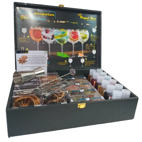 Kit gin tonica royal black. 22 Especiarias para gin, 12 xaropes para drinks e acessórios para bar.