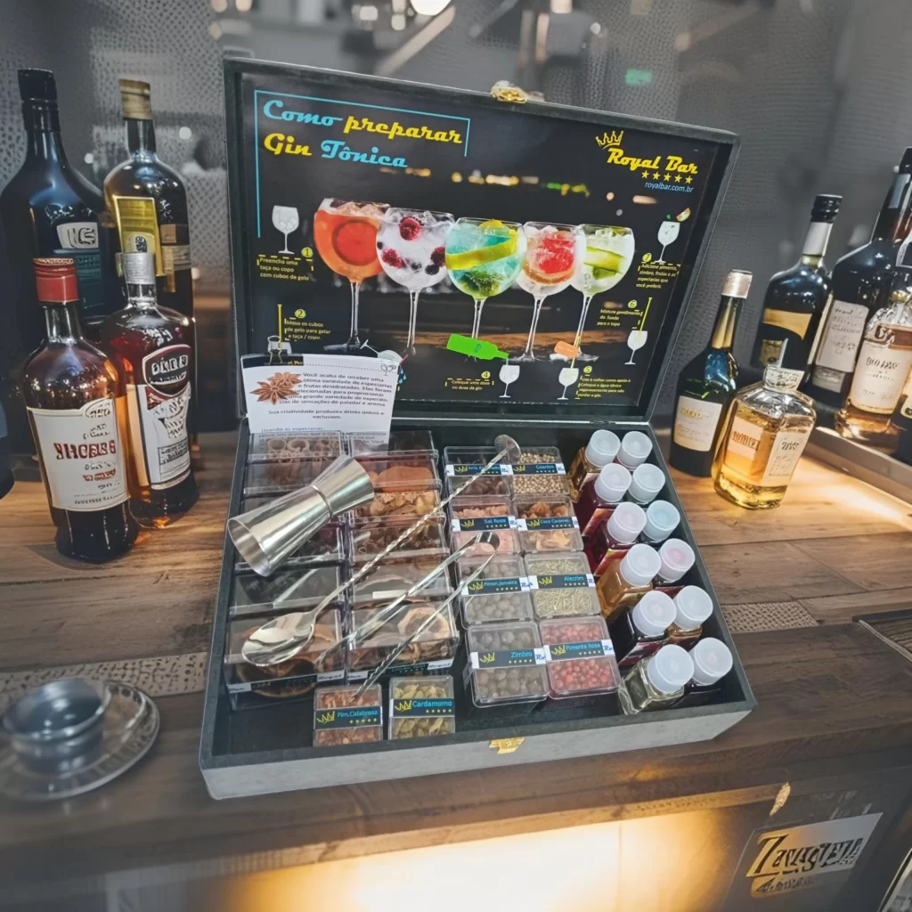 Kit gin tonica royal black. 22 Especiarias para gin, 12 xaropes para drinks e acessórios para bar.